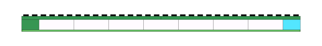 Side view of a standard front section. A layer of plate on top of a layer of brick on top of a baseplate.